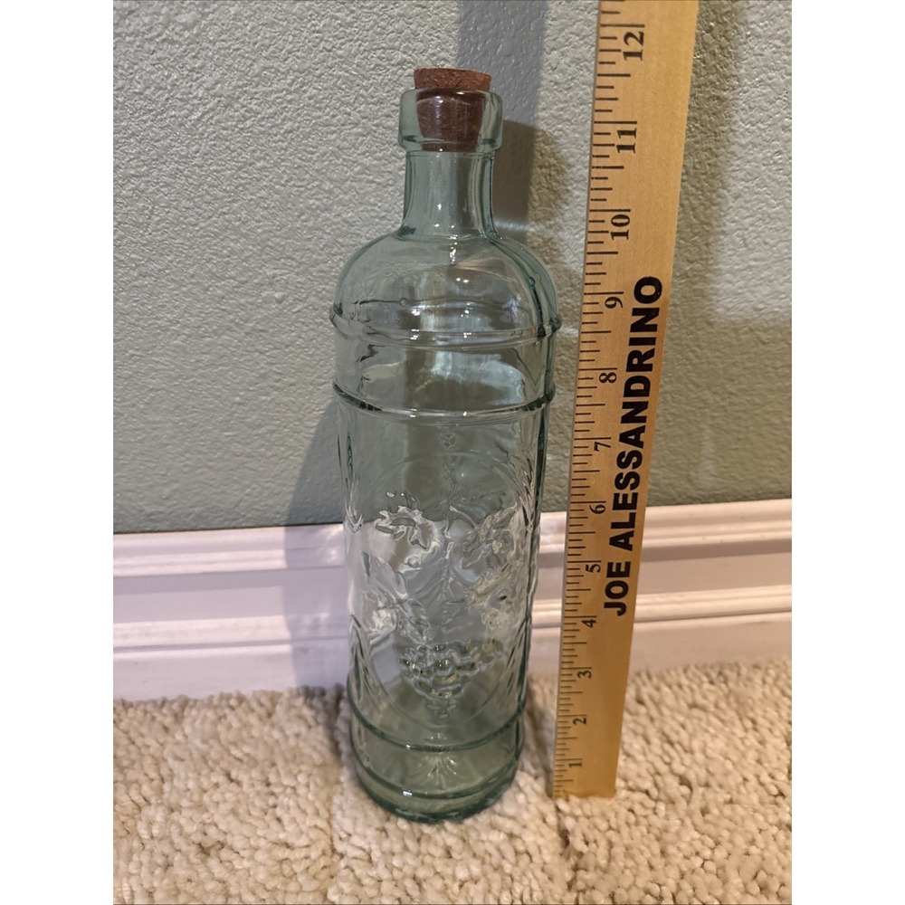 12" Green Glass Bottle Vinegar Decanter With Grape Vine Motif With Cork